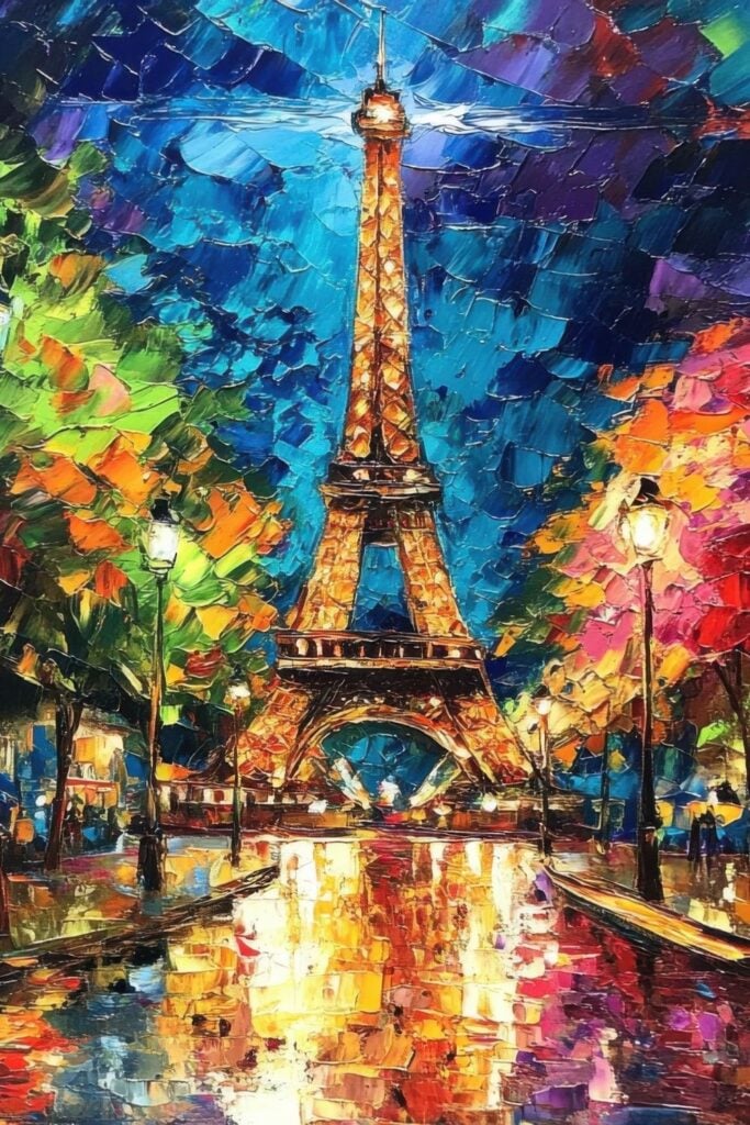 Impasto painting of illuminated Eiffel Tower at night with extremely thick paint application showing golden tower against deep blue sky with colorful reflections on wet ground.