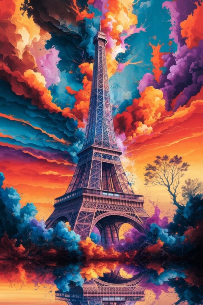 Surreal digital artwork depicting the Eiffel Tower surrounded by explosive multicolored clouds in purple, orange, blue and pink against a dramatic sky.