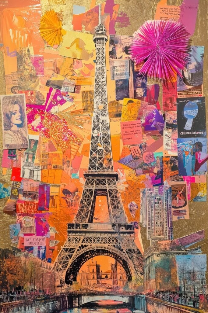 Mixed media collage artwork featuring the Eiffel Tower in black and white centered on a background of orange, pink and gold paper scraps, magazine clippings, and 3D pom-pom decorations.