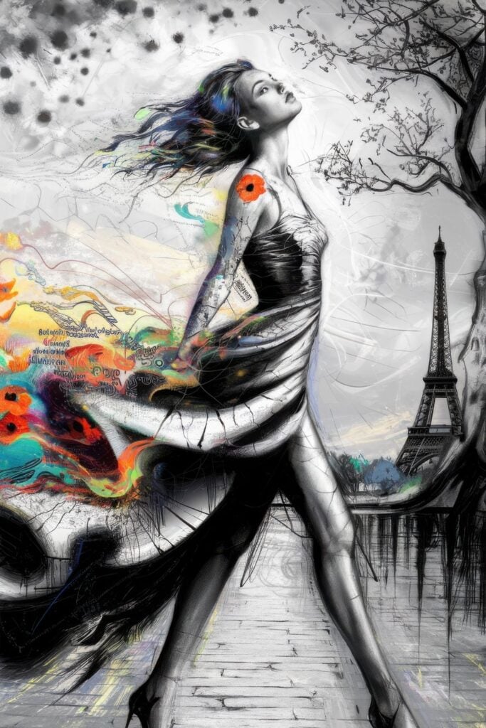 Digital art featuring a monochrome woman with flowing hair in black and white with splashes of color including orange poppies, with the Eiffel Tower visible in the background.