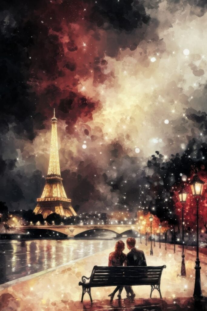 Impressionistic painting of couple on bench facing illuminated Eiffel Tower at night with starry sky, glowing lamps, and reflected lights on Seine river in dreamy watercolor style.