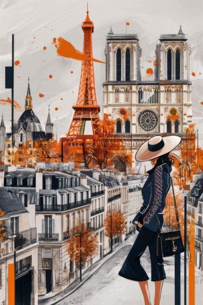 Digital mixed media illustration featuring a woman in black outfit and wide hat viewing Paris cityscape with Notre Dame and Eiffel Tower rendered in striking orange tones against black and white buildings.