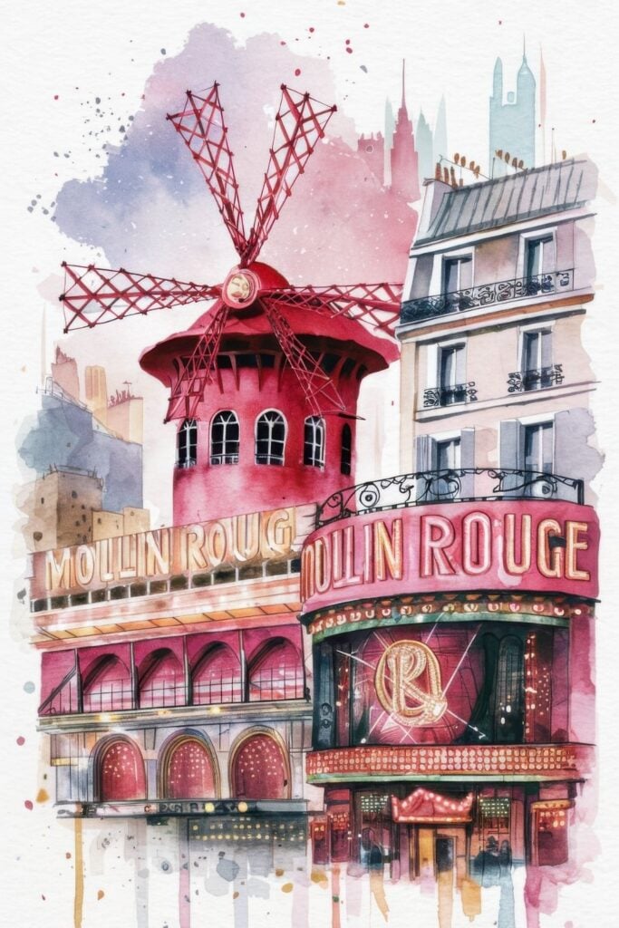 Watercolor painting of the Moulin Rouge cabaret featuring the red windmill and illuminated facade with splashes of pink and purple watercolor creating a dreamy, atmospheric background.