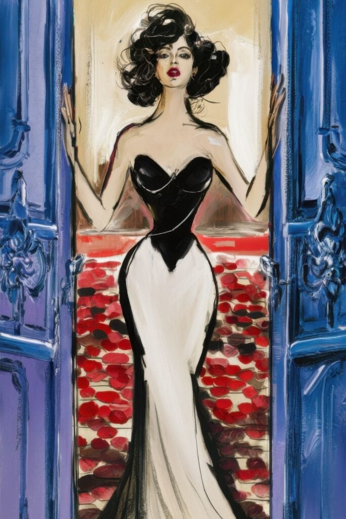 Fashion illustration of woman in black and white evening gown with striking red lips, standing in blue doorway with red rose petals scattered on floor.