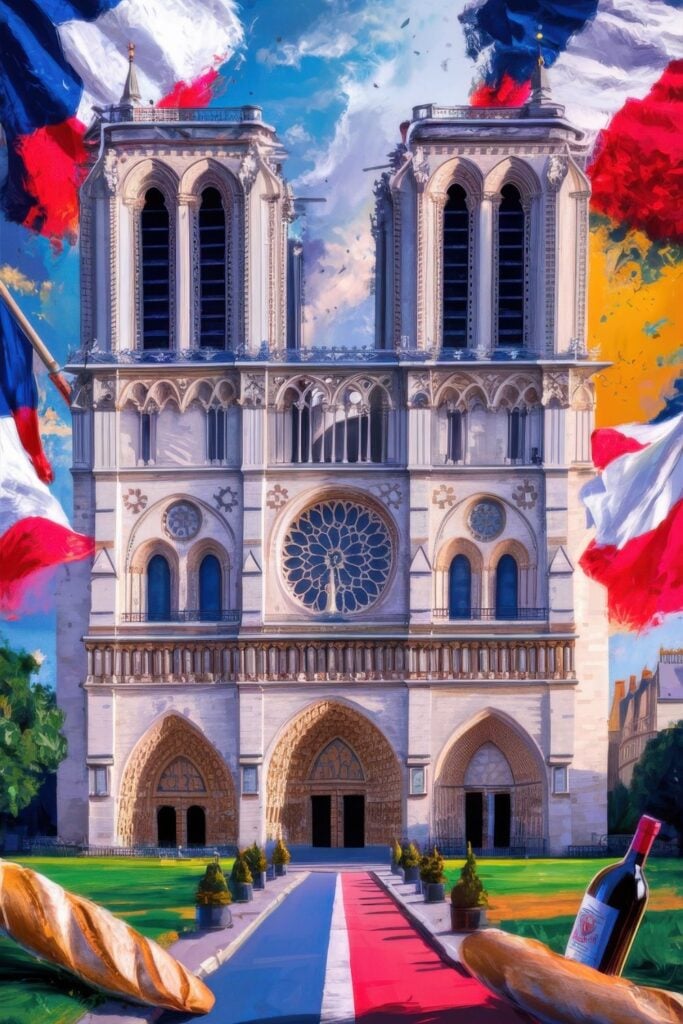 Stylized digital painting of Notre Dame Cathedral with French flag colors in background and foreground, featuring tricolor pathway and French culinary elements of baguette and wine bottle.