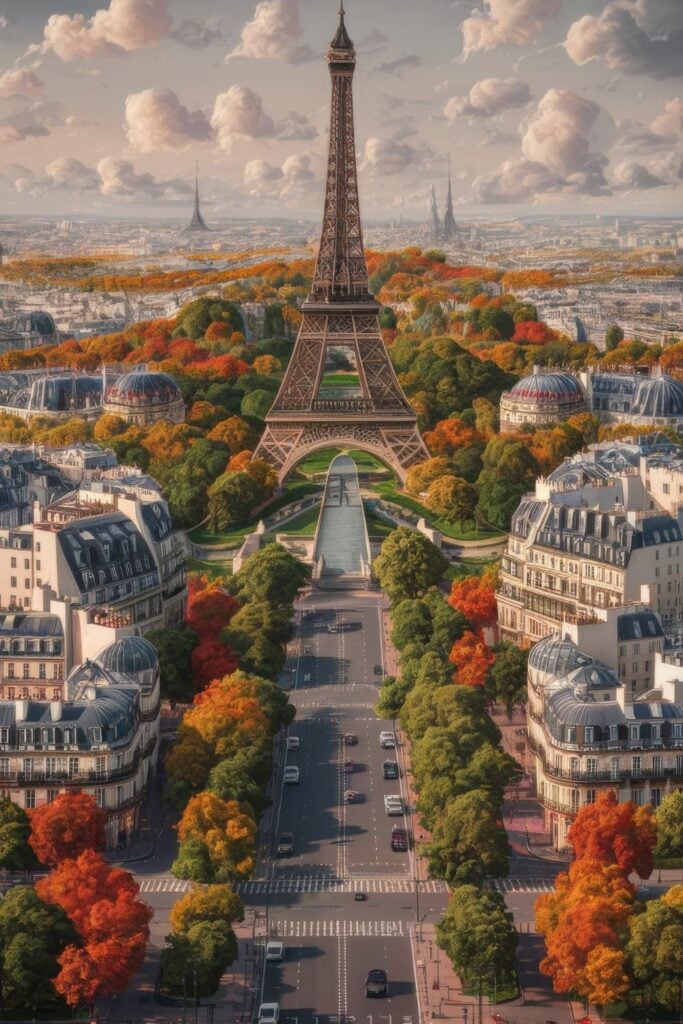 Aerial photograph of Eiffel Tower with Champ de Mars and surrounding Paris in autumn colors, featuring orange and red trees lining boulevards viewed from above.