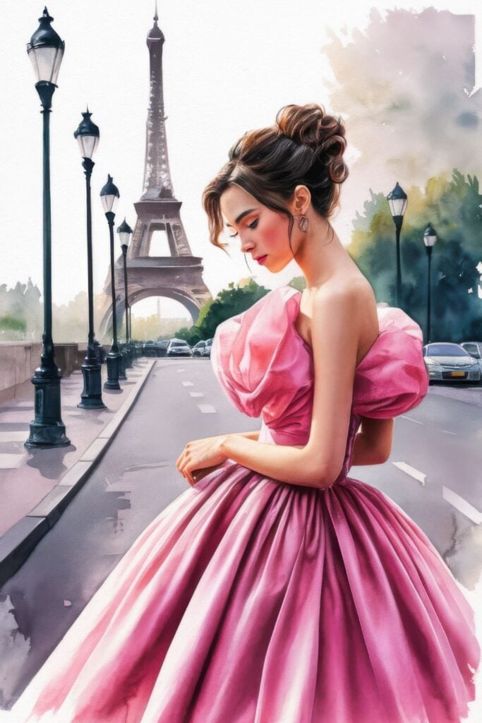 Digital watercolor portrait of woman in pink ballgown with updo hairstyle standing on bridge with Eiffel Tower in background and vintage lampposts lining the way