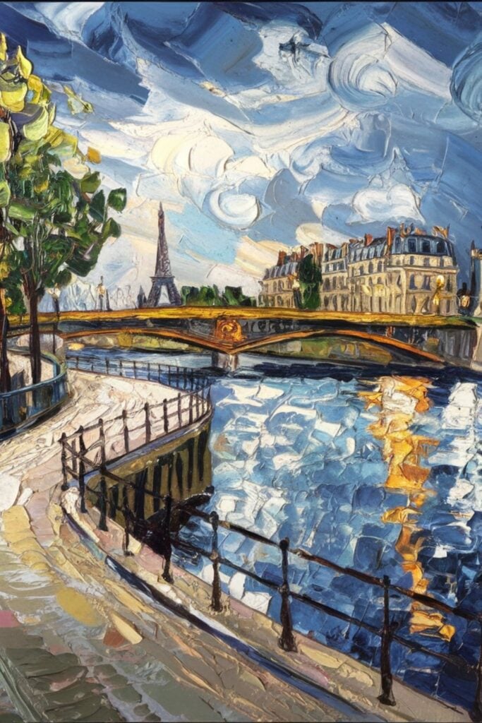 Impasto oil painting of the Seine River with heavy textured brushwork, a bridge, and the Eiffel Tower in the distance against a blue sky.