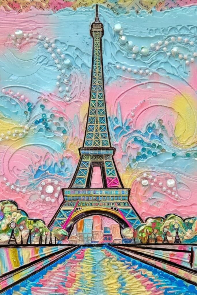 Mixed media artwork featuring the Eiffel Tower with thick textured paint in pastel blue, pink and yellow hues with embedded pearls and beads.