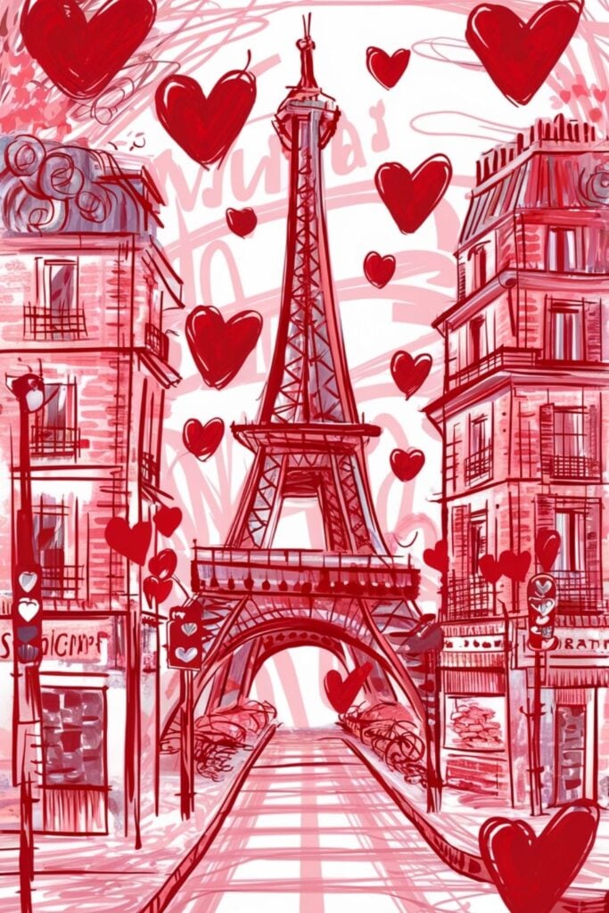 Red line drawing of the Eiffel Tower surrounded by heart shapes and Parisian buildings in a sketchy style on white background.