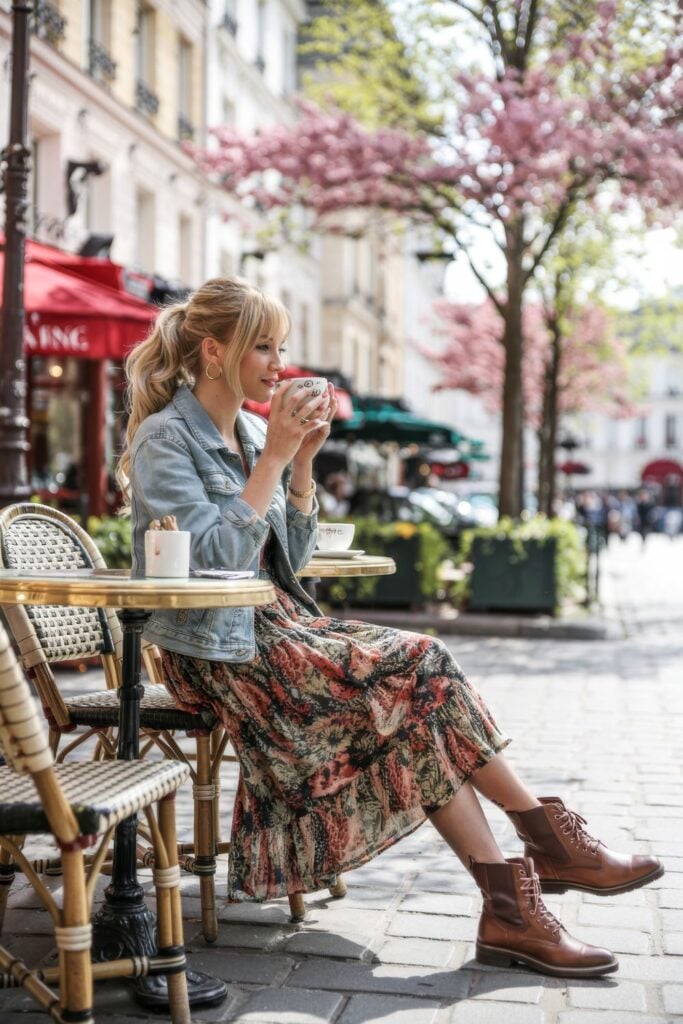 Woman enjoying coffee at Paris sidewalk café wearing denim jacket and floral skirt with cherry blossoms blooming overhead