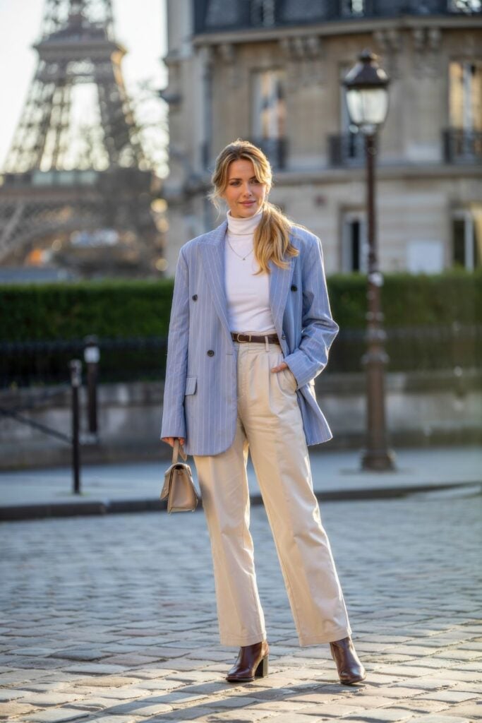 Woman in light blue pinstriped blazer, white turtleneck and cream trousers standing with Eiffel Tower visible in background