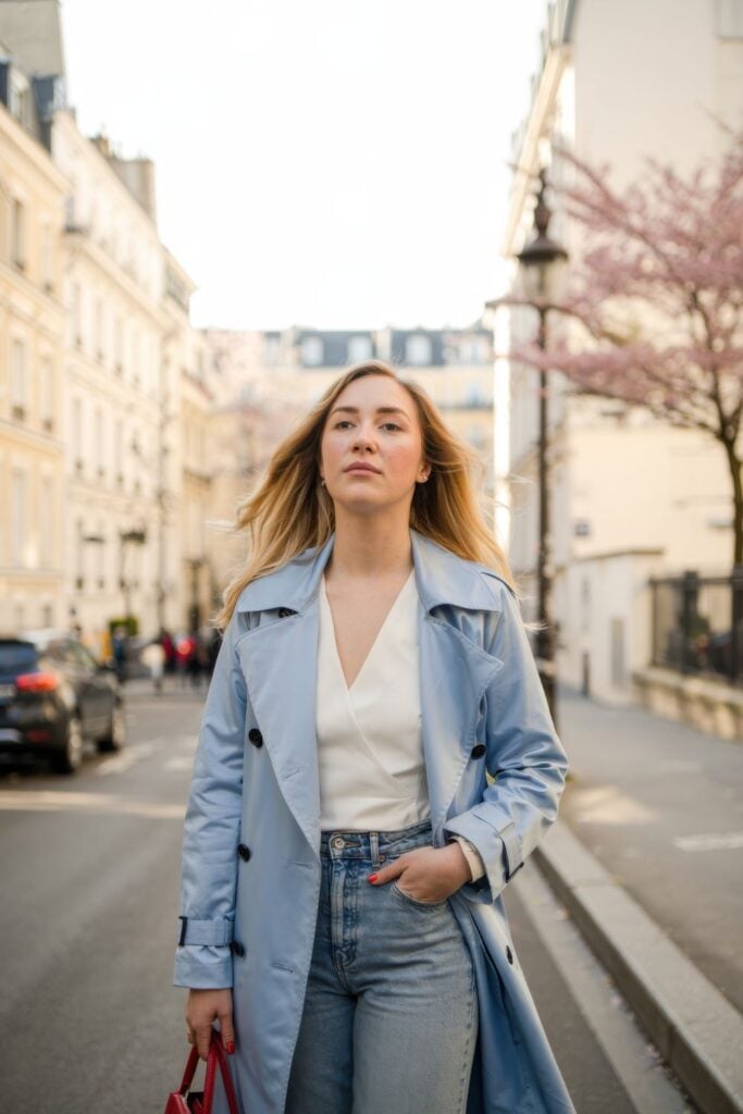 Woman wearing light blue trench coat with white wrap blouse and jeans on Parisian street with cherry blossoms visible
