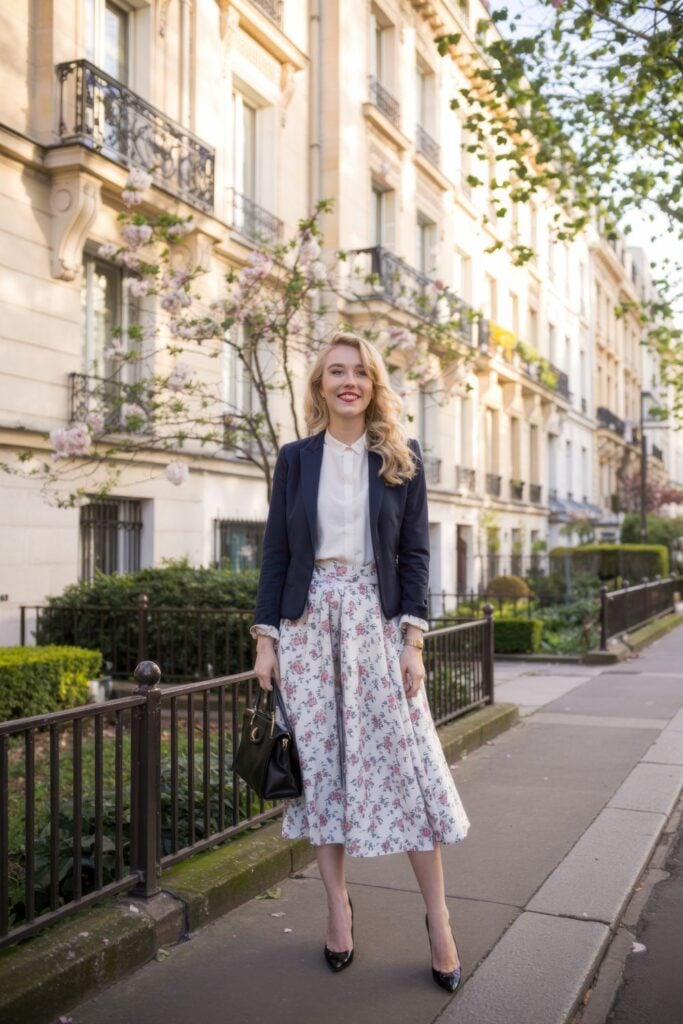 Woman wearing navy blazer, white shirt and floral midi skirt standing on Parisian sidewalk with blossoming trees and historic buildings
