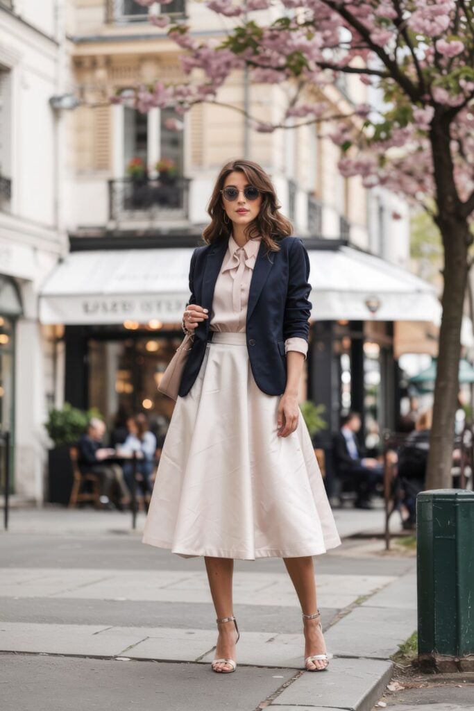Woman wearing navy blazer, blush tie-neck blouse and cream midi skirt standing outside Parisian café with cherry blossoms overhead