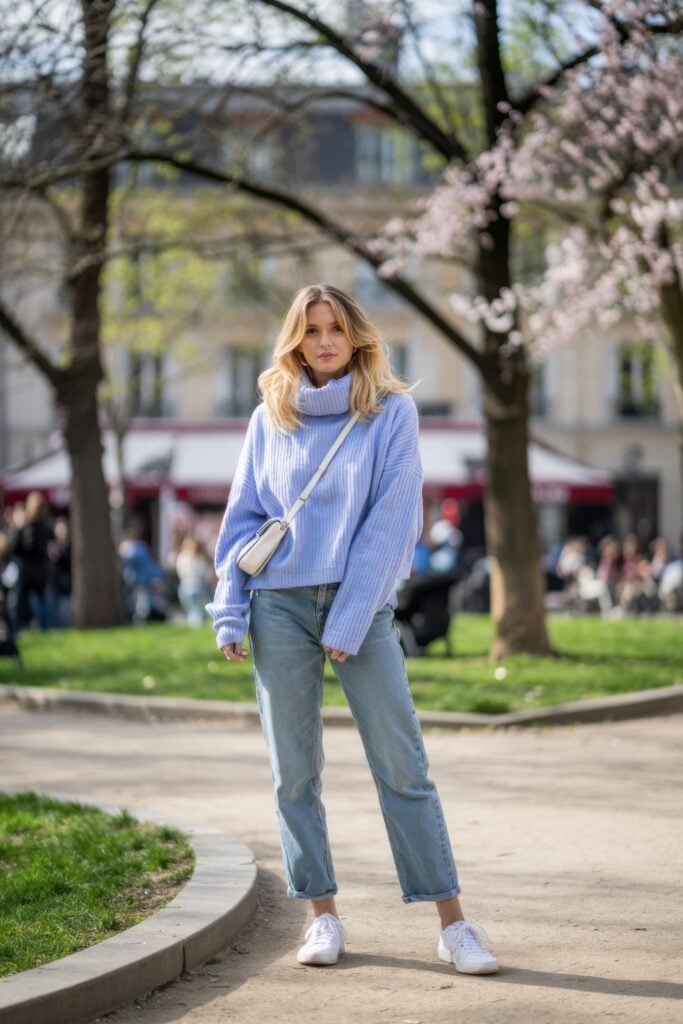 Woman wearing light blue turtleneck sweater with relaxed jeans and white sneakers in Parisian park with cherry blossoms
