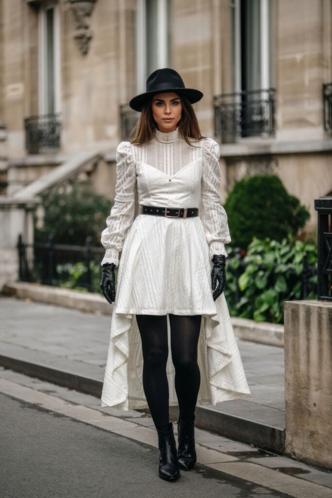 Woman in dramatic white high-low dress with black hat, belt and gloves standing on Parisian sidewalk