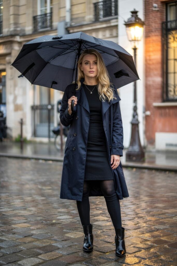 Woman in navy trench coat holding black umbrella with black dress and tights on wet cobblestone street with glowing lantern in background