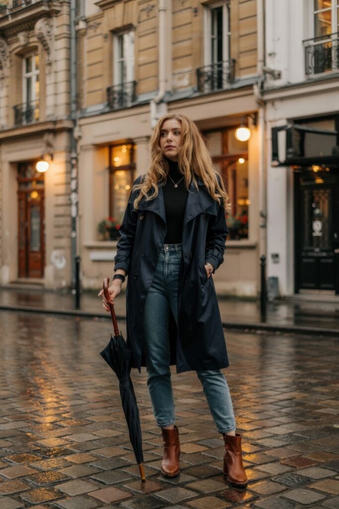 Woman wearing navy trench coat, black turtleneck and jeans with umbrella on rainy Paris cobblestone street with glowing storefronts