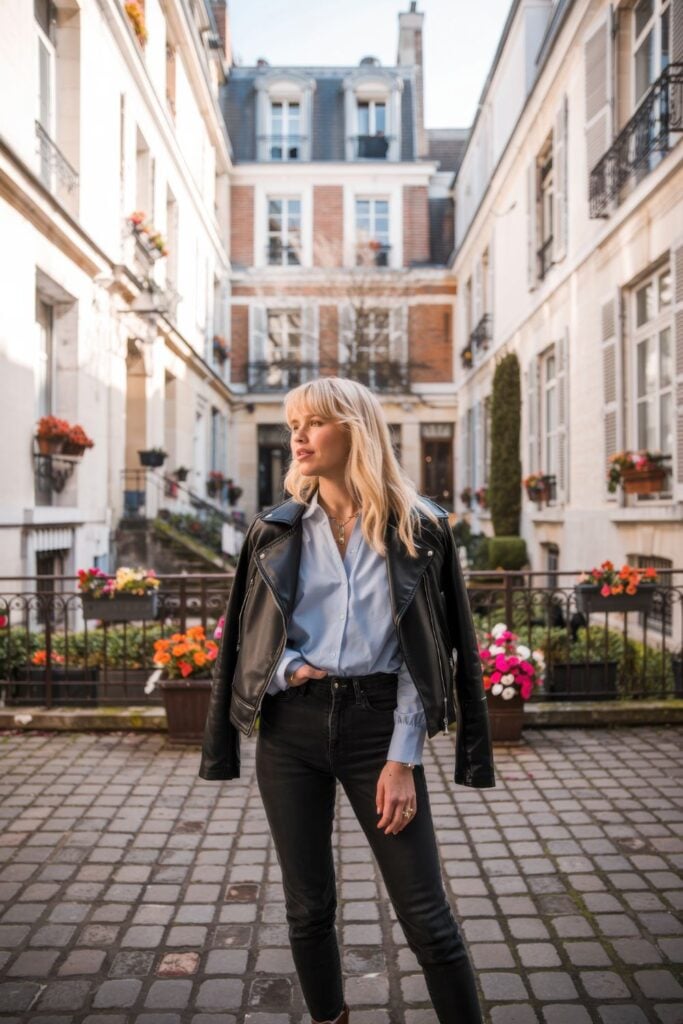 Woman in black leather jacket, light blue shirt and black jeans standing in flower-filled Parisian courtyard with traditional architecture