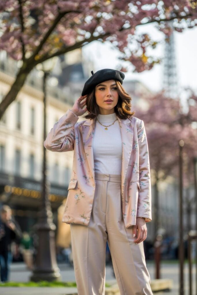 Woman wearing black beret, pink floral blazer, white top and cream trousers under cherry blossom trees in Paris