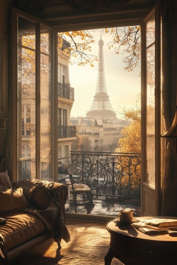 View of the Eiffel Tower from a vintage Paris apartment with warm morning light.
