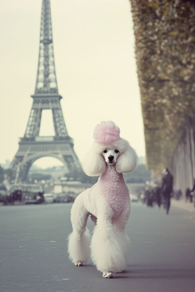 White poodle in pink outfit posing in front of the Eiffel Tower in Paris.