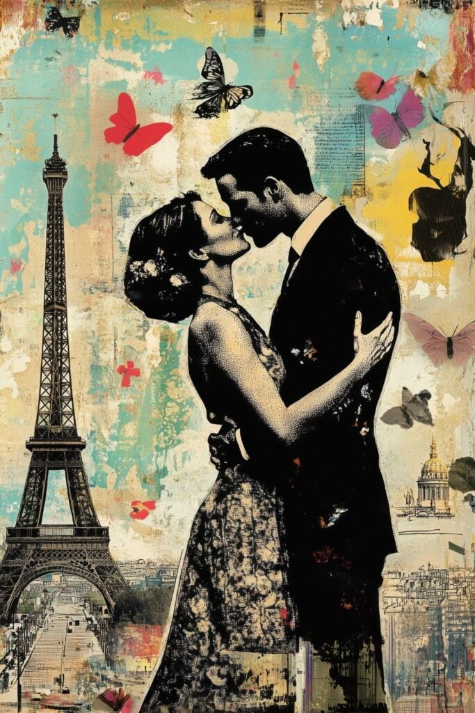 Artistic collage of a couple kissing with Eiffel Tower and vintage-inspired textures and butterflies.