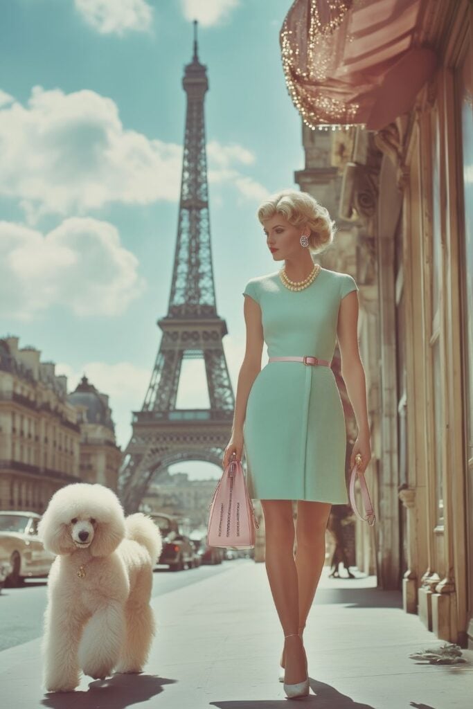 Elegant woman in a blue dress walking a white poodle near the Eiffel Tower in Paris.