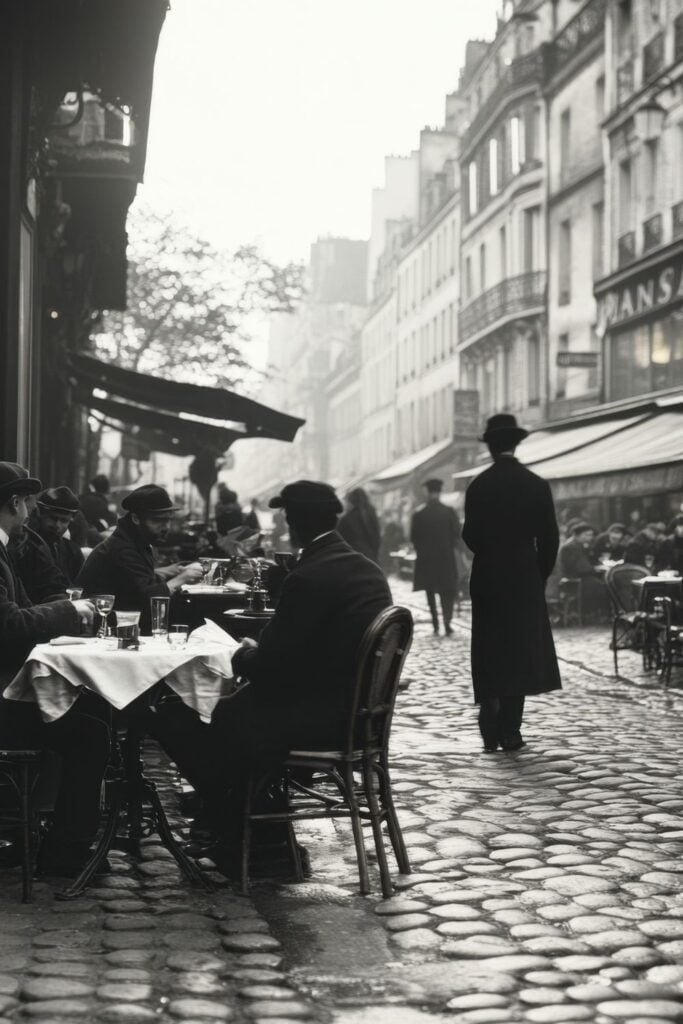 Black and white photo of men at a Paris café on a misty cobblestone street.