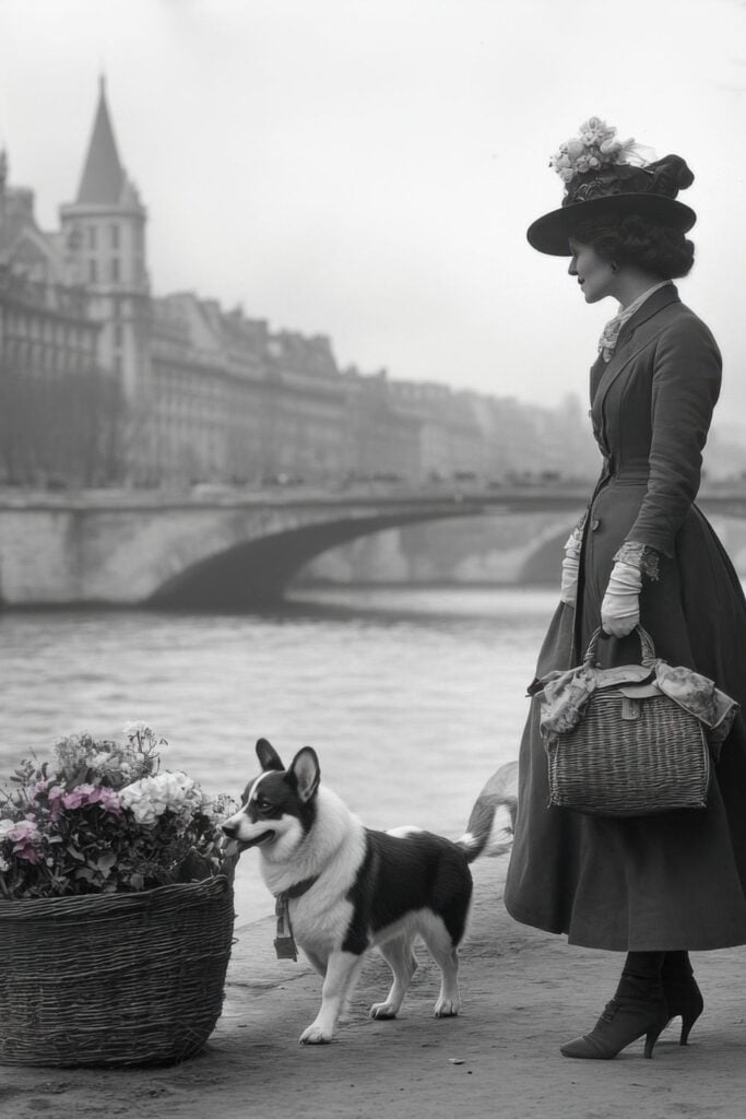 Vintage woman with a flower hat walking a corgi near the Seine with a flower basket.
