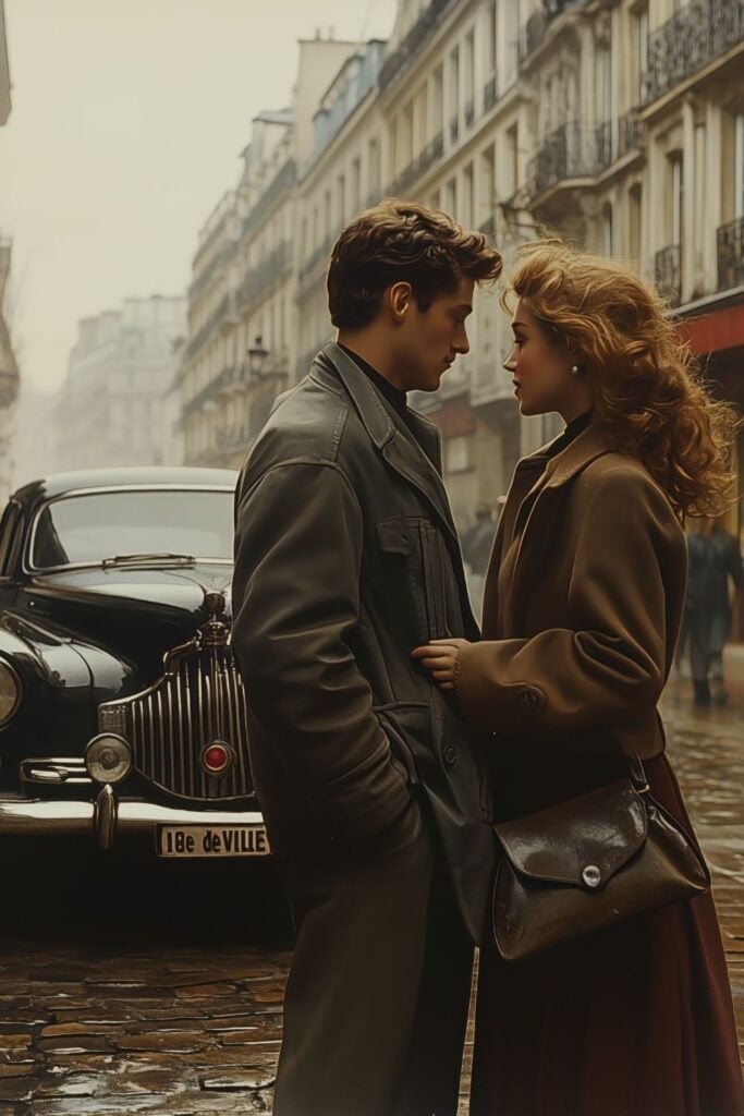 Couple in vintage coats face each other closely on a rainy Paris street with a classic car behind them.