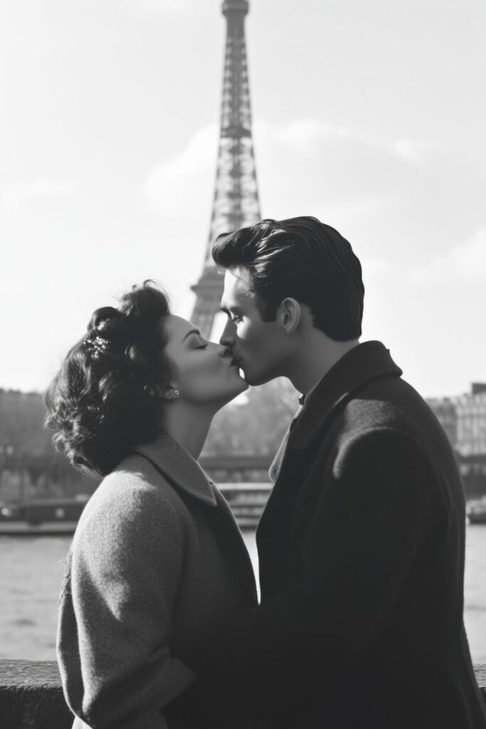 Black and white photo of a vintage couple kissing in front of the Eiffel Tower.