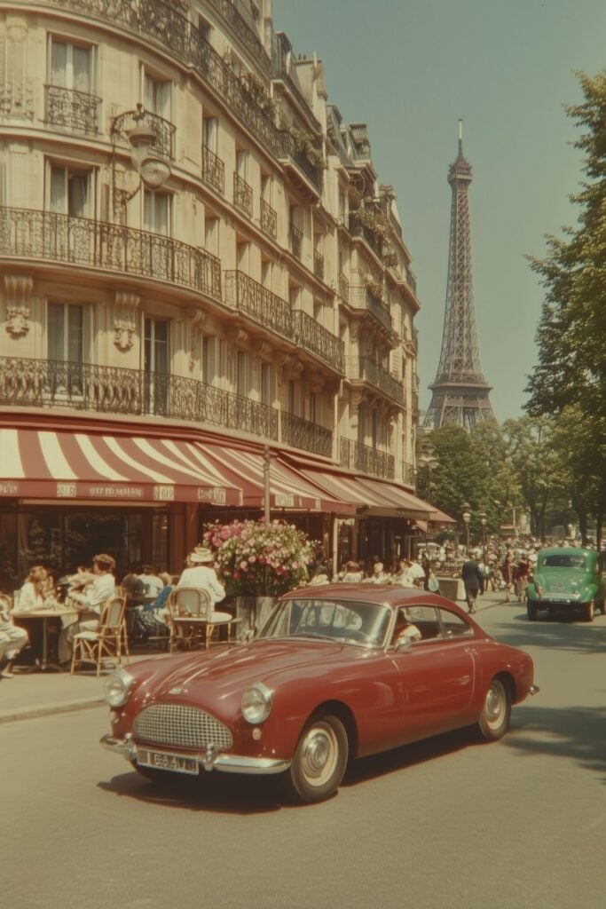 Red vintage car passing a busy Paris café with the Eiffel Tower in the background.