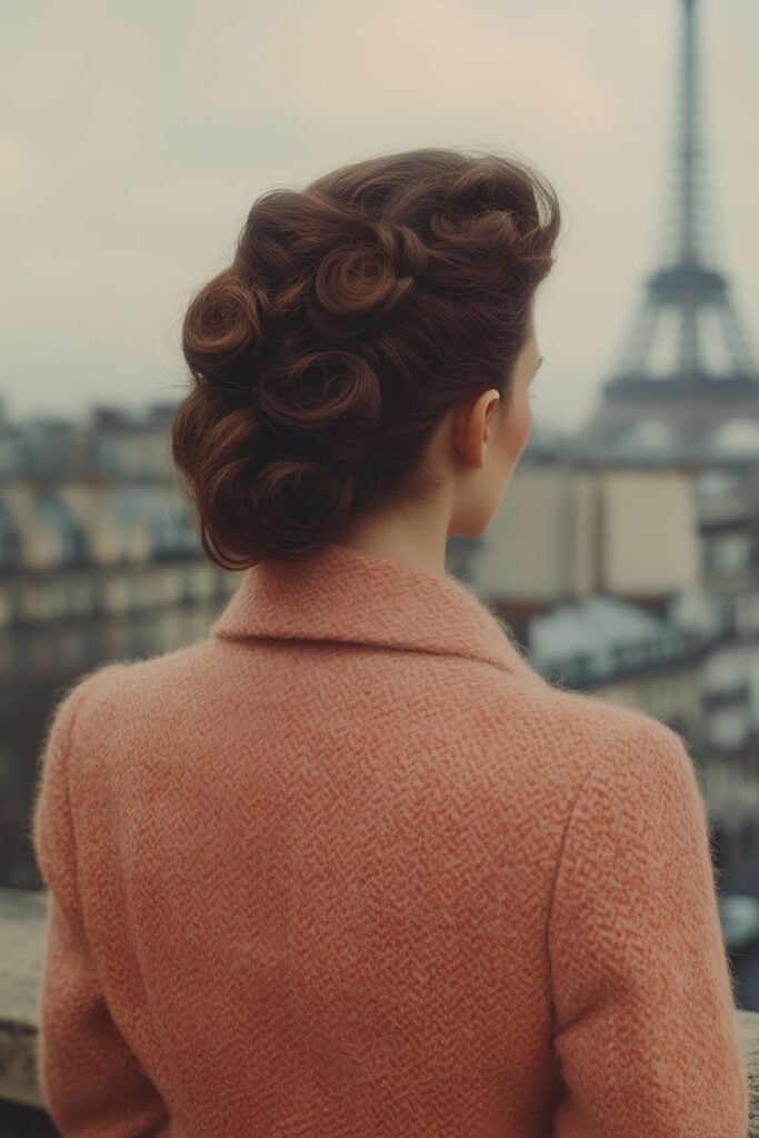 Woman with retro curled hairstyle wearing a coral coat, standing with Eiffel Tower in soft focus.