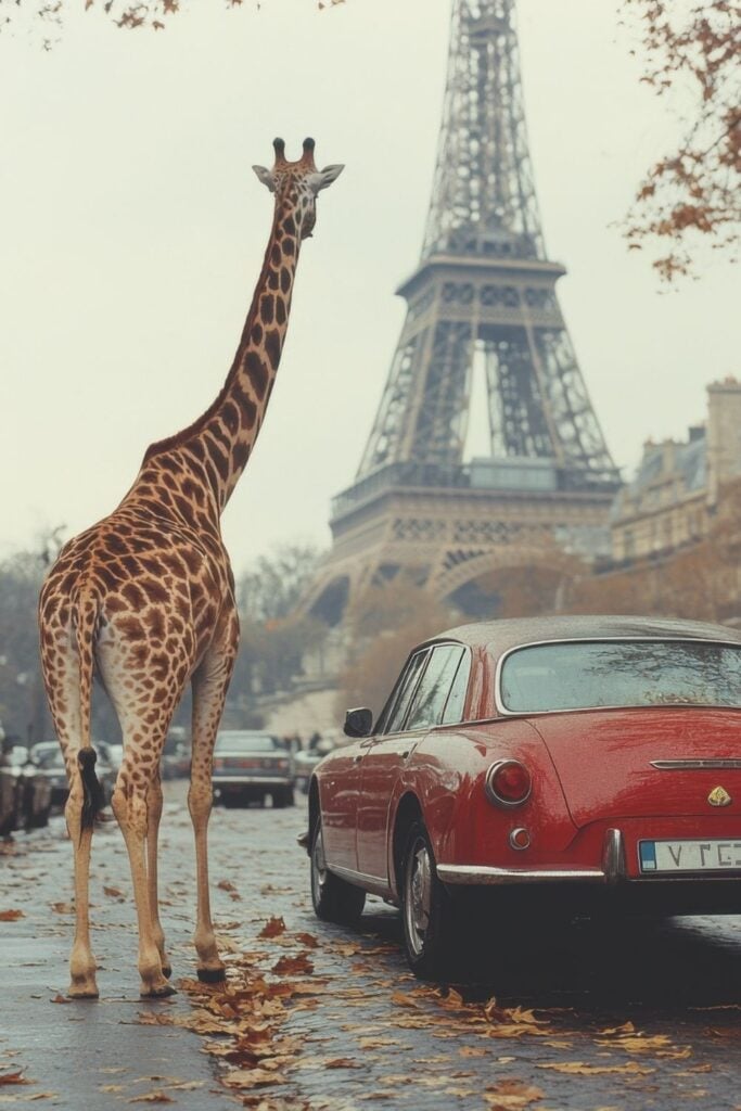 Giraffe walking down a Paris street near the Eiffel Tower beside a classic red car.
