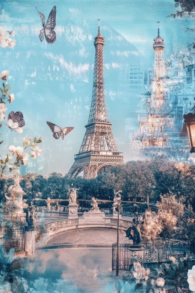 Artistic collage of the Eiffel Tower with butterflies, flowers, and painted blue tones in a vintage Paris style.