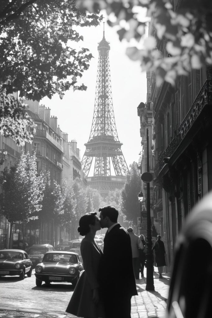 Black and white photograph of a couple kissing on a Parisian street with vintage cars and the Eiffel Tower visible in the background.