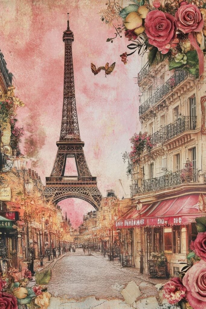 Vintage-style illustration of Paris street with Eiffel Tower, rose-colored sky, and decorative floral elements framing the scene.