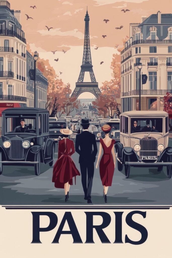 Art deco style illustration of fashionably dressed people walking toward the Eiffel Tower with vintage cars and Haussmann buildings.