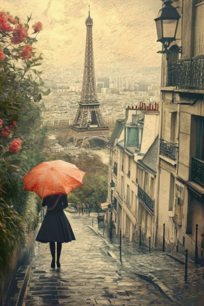 Sepia-toned photograph of woman with bright red umbrella walking down cobblestone steps in Montmartre with Eiffel Tower visible in the distance.