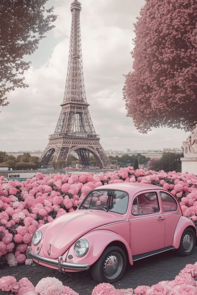 Pink vintage car surrounded by flowers near the Eiffel Tower.