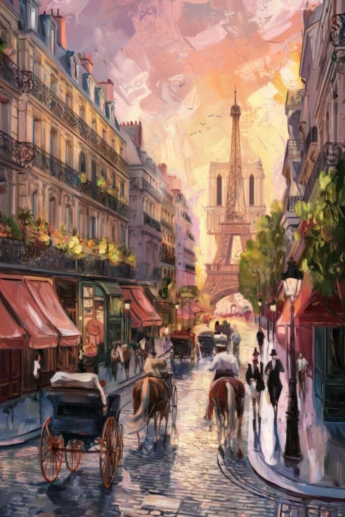 Impressionist-style painting of a Parisian street at sunset with horse-drawn carriages, pedestrians in period clothing, and the Eiffel Tower glowing in golden light.