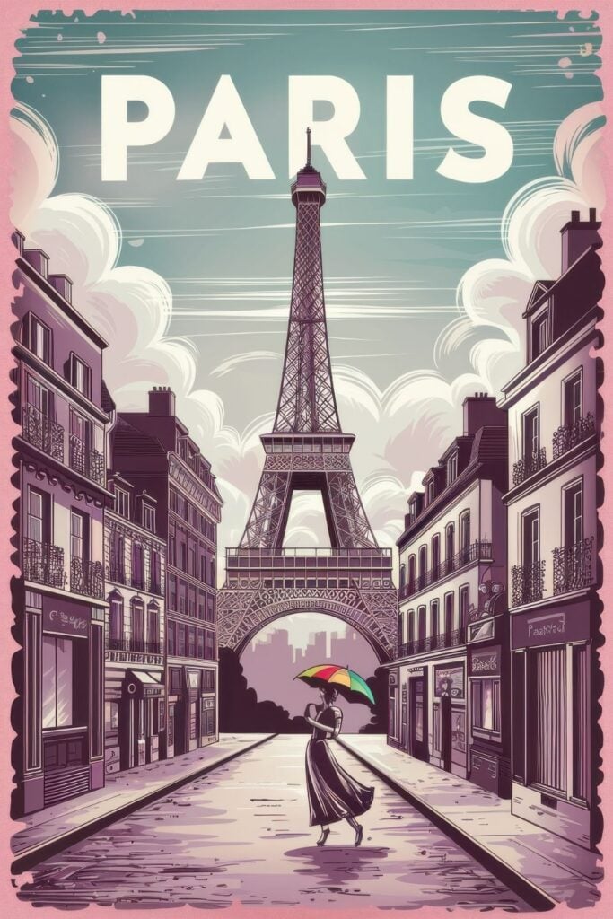 Stylized purple illustration of a silhouetted woman with colorful umbrella walking on a Parisian street with the Eiffel Tower centered between classic buildings.
