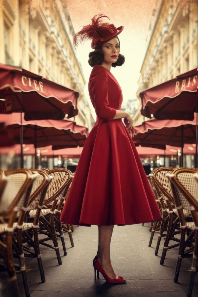 Woman in vibrant red vintage dress and feathered hat standing between café terraces with wicker chairs in a Parisian street.