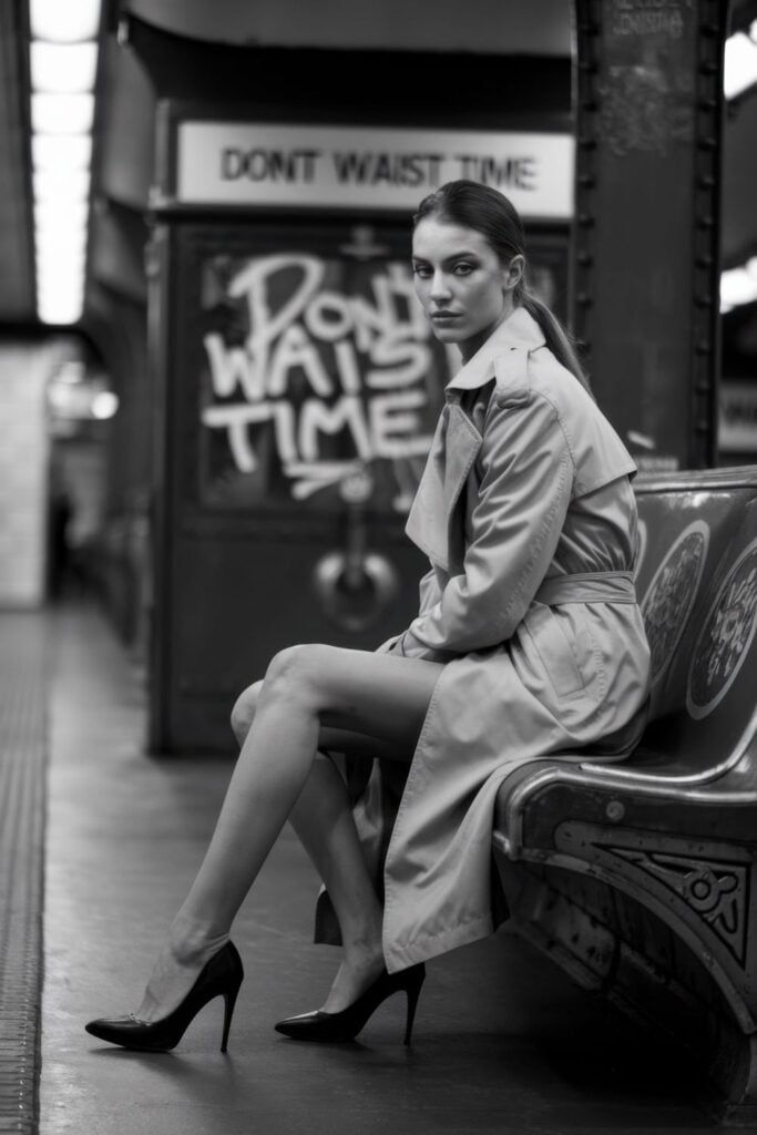 Black and white portrait of a woman in trench coat seated in the Paris metro with "Don't Waist Time" sign visible in the background.