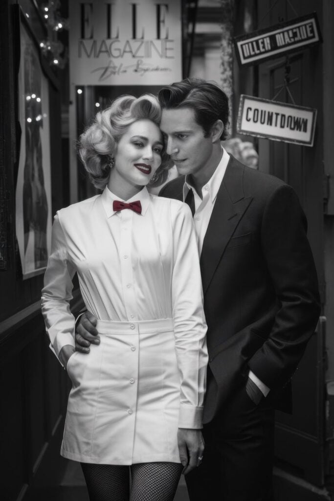 Black and white vintage-style photograph of a glamorous couple in front of Elle Magazine sign, woman with styled blonde curls and red bow tie, man in classic suit.