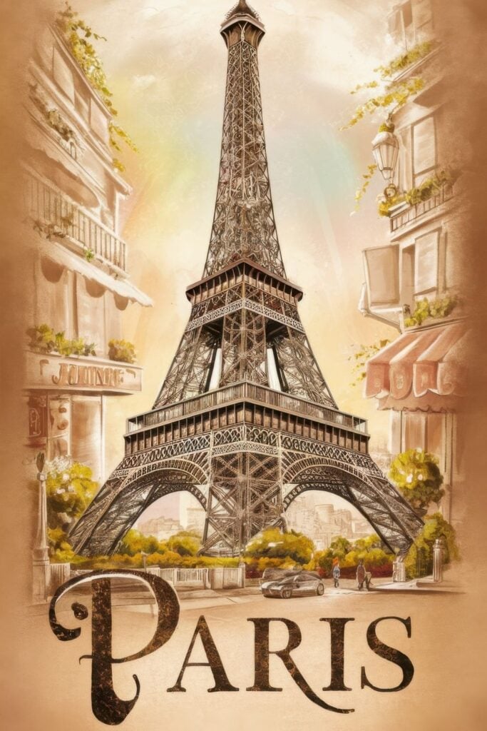 Sepia-toned watercolor illustration of the Eiffel Tower with Parisian buildings framing the scene, bathed in warm golden light.