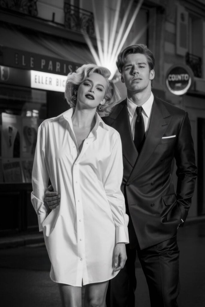 Black and white photograph of a glamorous couple outside a Parisian cinema, woman in white shirt dress and man in tailored suit with vintage-style lighting.
