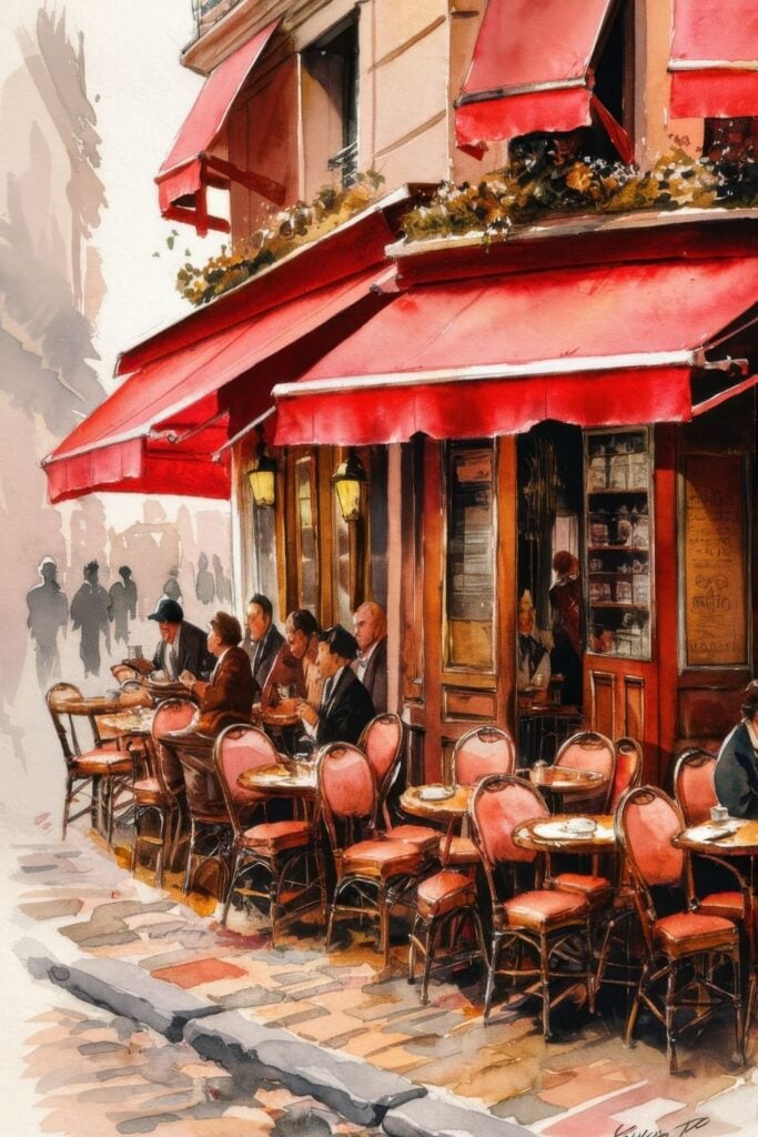 Watercolor painting of a Parisian café with red awnings, patrons seated at outdoor tables, and characteristic wicker chairs.
